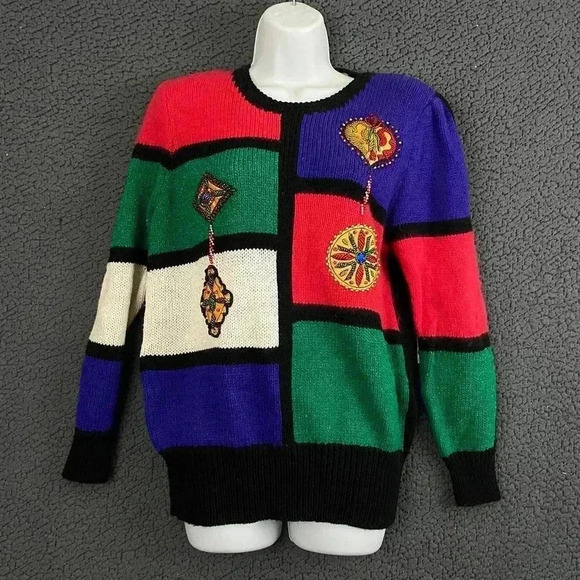 VTG Christine Hand Beaded Sweater SMALL Colorful Solid Back Knitted Crewneck - Picture 11 of 11